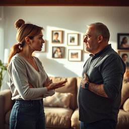 A dramatic scene depicting a tense family confrontation, set in a well-lit living room with modern decor