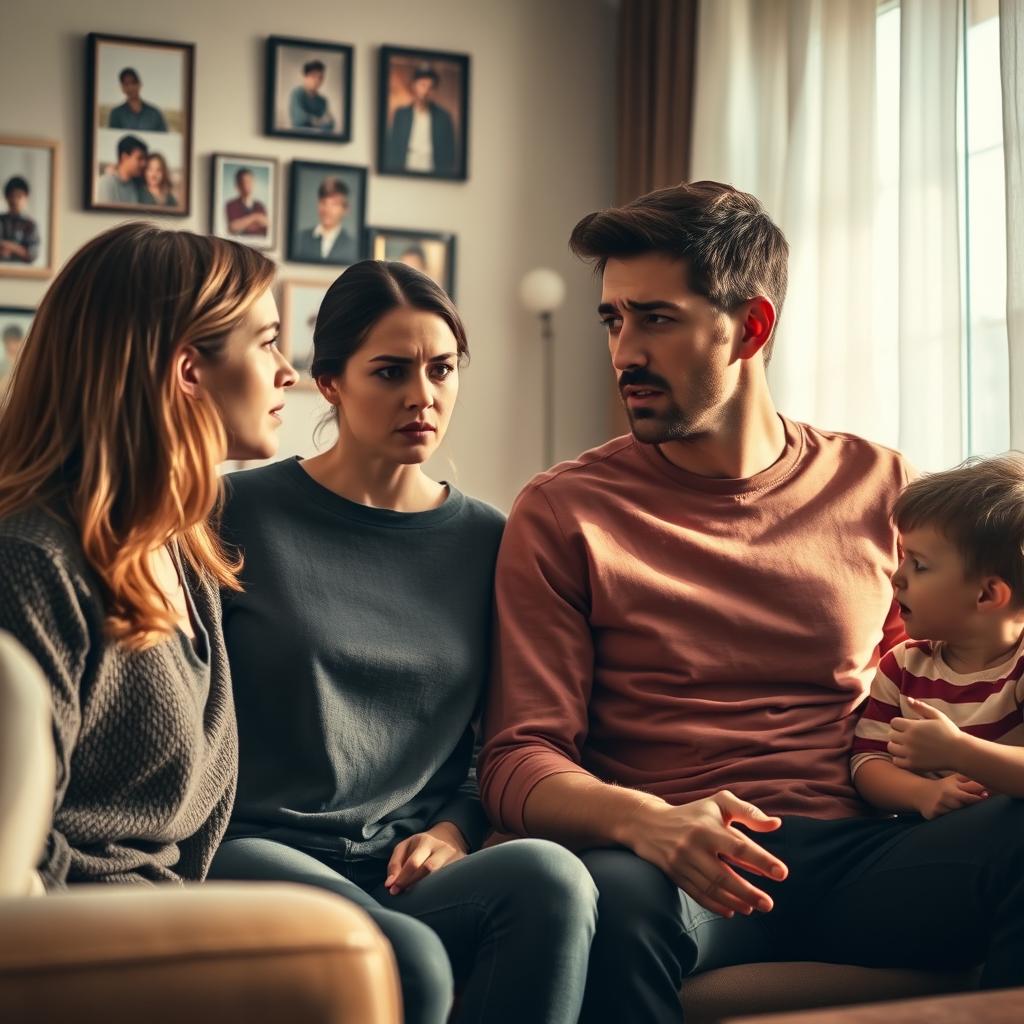 A dramatic scene depicting a tense family confrontation, set in a well-lit living room with modern decor