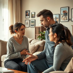 A dramatic scene depicting a tense family confrontation, set in a well-lit living room with modern decor