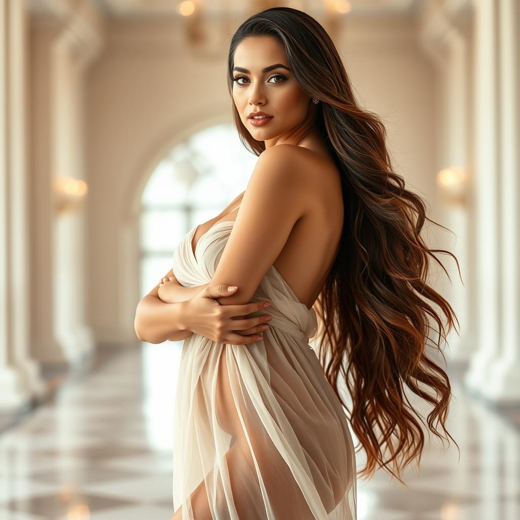 A stunning, confident woman posing in a full-body shot, showcasing her alluring curves and radiant beauty