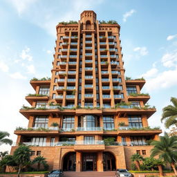 A stunning 20-story skyscraper with a modern deconstructivist style inspired by nature and the architecture of Chogha Zanbil, prominently showcasing its unique features on the fourth and top floor