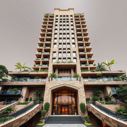 A stunning 20-story skyscraper with a modern deconstructivist style inspired by nature and the architecture of Chogha Zanbil, prominently showcasing its unique features on the fourth and top floor