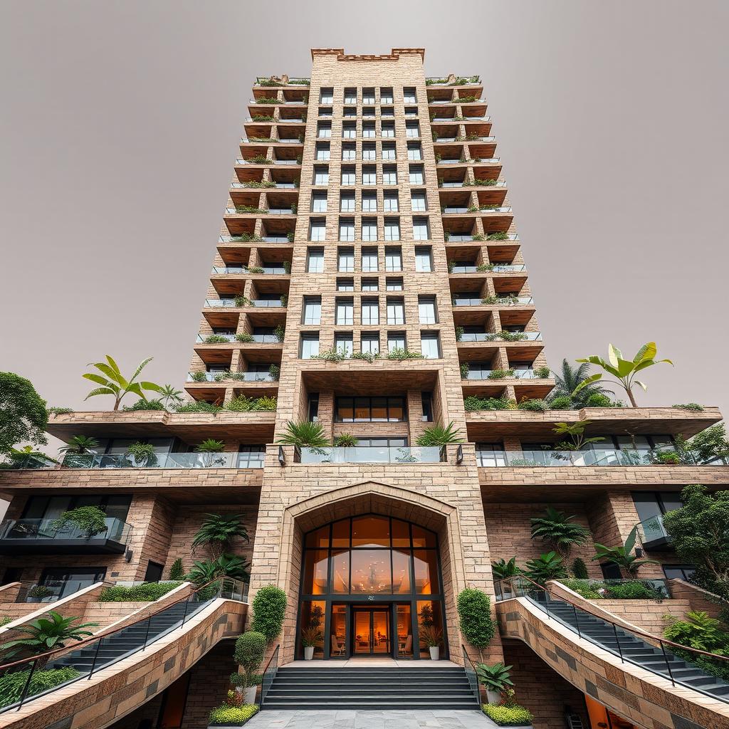 A stunning 20-story skyscraper with a modern deconstructivist style inspired by nature and the architecture of Chogha Zanbil, prominently showcasing its unique features on the fourth and top floor