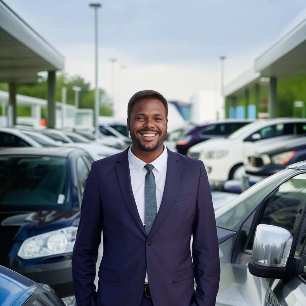 A man standing amidst a variety of vehicles in a car rental company's lot, with a professional attire and a welcoming smile.