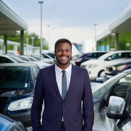 A man standing amidst a variety of vehicles in a car rental company's lot, with a professional attire and a welcoming smile.