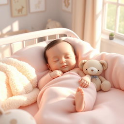 A 3D rendering of a serene infant sleeping peacefully in a cozy bed