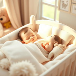 A 3D rendering of a serene infant sleeping peacefully in a cozy bed