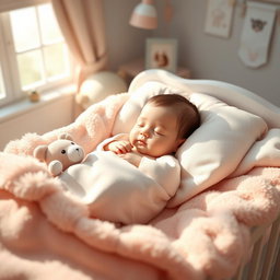 A 3D rendering of a serene infant sleeping peacefully in a cozy bed