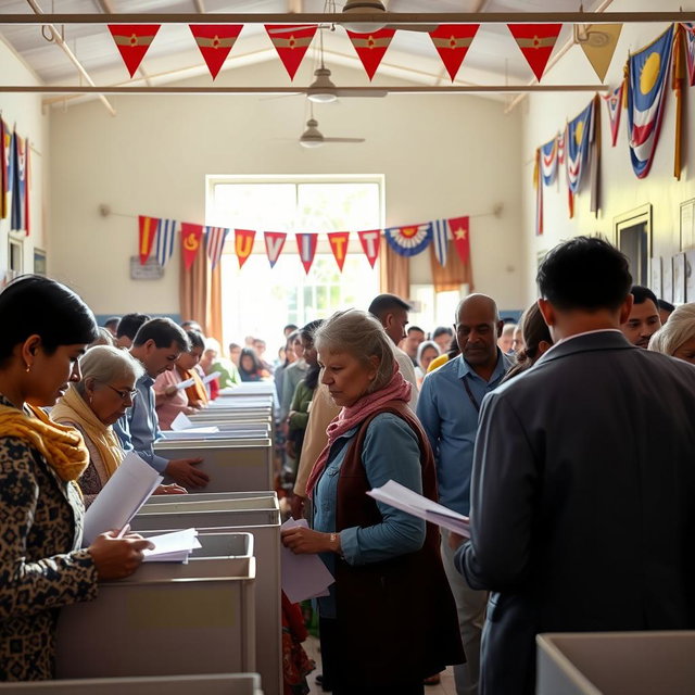 A scene depicting a vibrant and bustling polling station during an election, filled with diverse voters of all ages casting their ballots