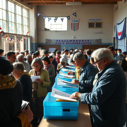 A scene depicting a vibrant and bustling polling station during an election, filled with diverse voters of all ages casting their ballots