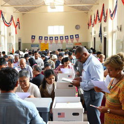 A scene depicting a vibrant and bustling polling station during an election, filled with diverse voters of all ages casting their ballots