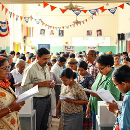 A scene depicting a vibrant and bustling polling station during an election, filled with diverse voters of all ages casting their ballots