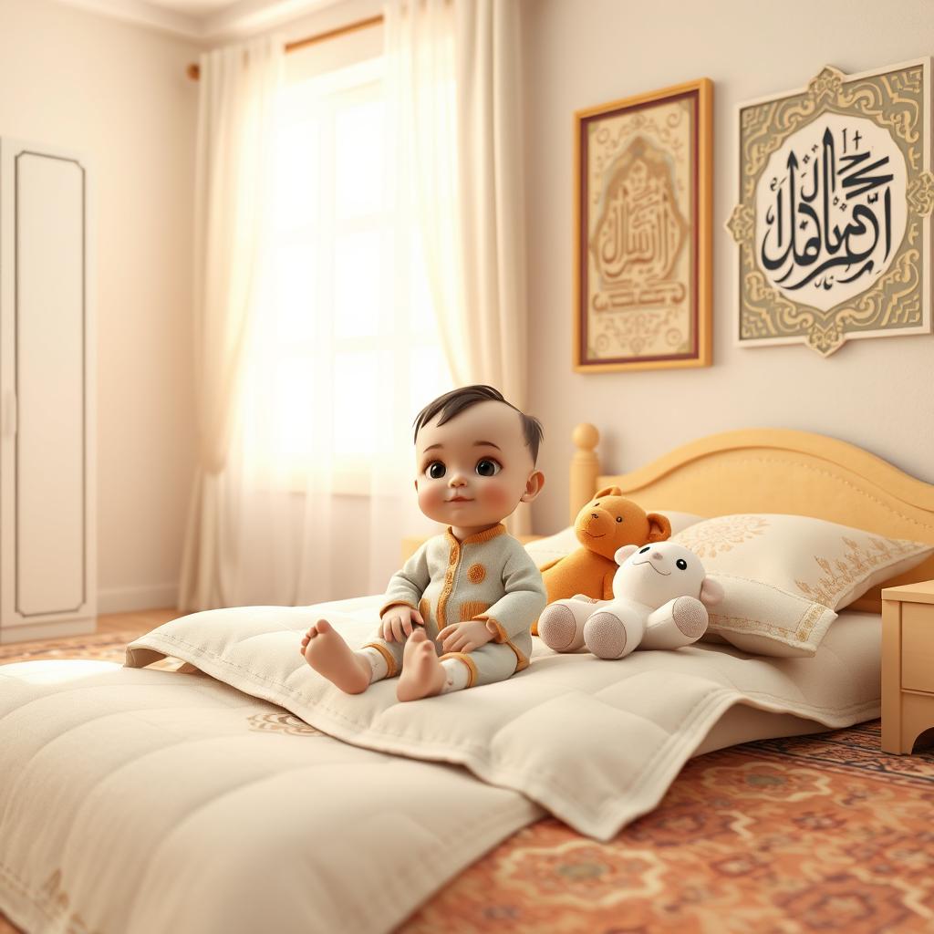 A 3D rendering of a baby sitting on a bed, with a serene expression