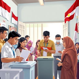 A dynamic scene illustrating the election monitoring process in Indonesia, showcasing diverse Indonesian citizens at a polling station