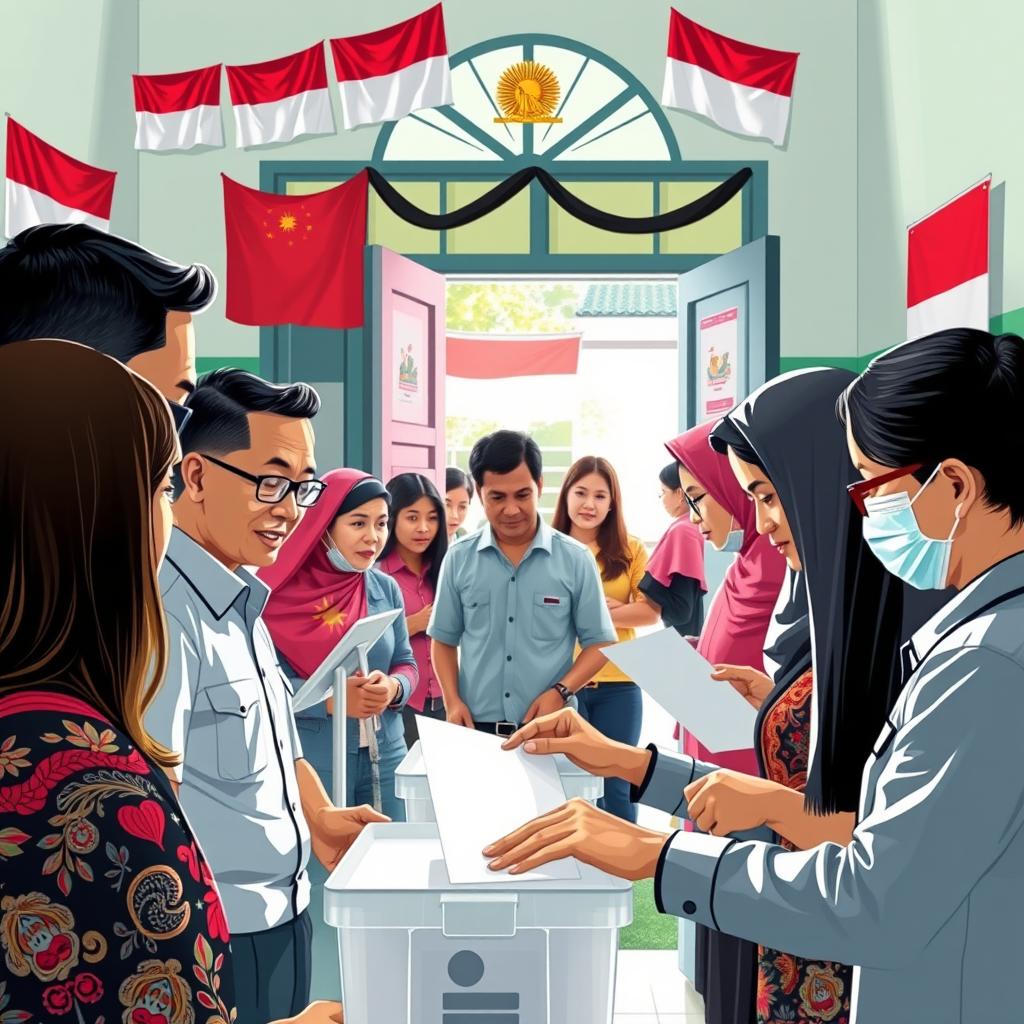 A dynamic scene illustrating the election monitoring process in Indonesia, showcasing diverse Indonesian citizens at a polling station