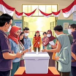 A dynamic scene illustrating the election monitoring process in Indonesia, showcasing diverse Indonesian citizens at a polling station
