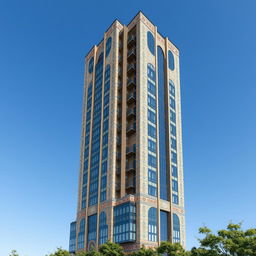 A striking 20-story skyscraper that embodies a fusion of Iranian Qajar architectural elements and modern design, featuring intricate tile work and traditional motifs alongside sleek, contemporary lines