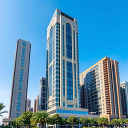 A striking 20-story skyscraper that embodies a fusion of Iranian Qajar architectural elements and modern design, featuring intricate tile work and traditional motifs alongside sleek, contemporary lines