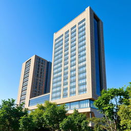A striking 20-story skyscraper that embodies a fusion of Iranian Qajar architectural elements and modern design, featuring intricate tile work and traditional motifs alongside sleek, contemporary lines
