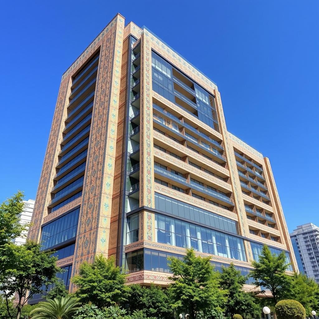 A striking 20-story skyscraper that embodies a fusion of Iranian Qajar architectural elements and modern design, featuring intricate tile work and traditional motifs alongside sleek, contemporary lines