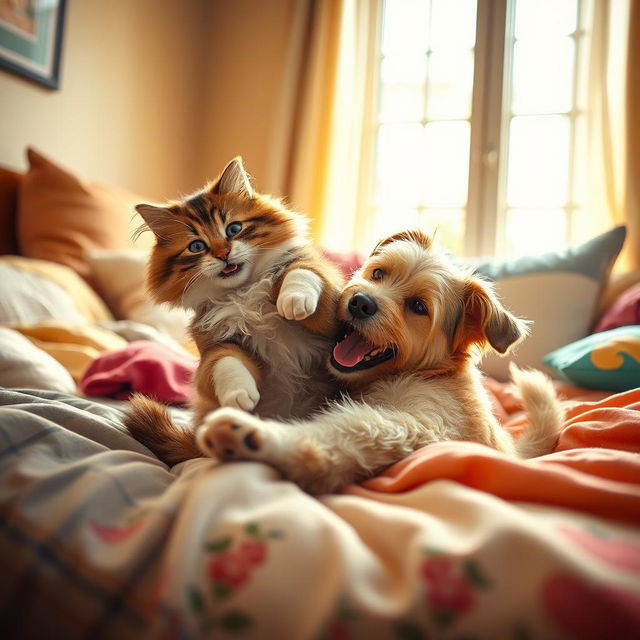 A playful scene depicting a cat and a dog playfully wrestling on a cozy bed, with soft pillows and colorful blankets scattered around