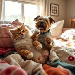 A playful scene depicting a cat and a dog playfully wrestling on a cozy bed, with soft pillows and colorful blankets scattered around