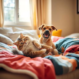 A playful scene depicting a cat and a dog playfully wrestling on a cozy bed, with soft pillows and colorful blankets scattered around