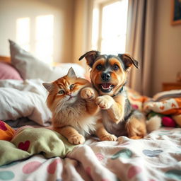 A playful scene depicting a cat and a dog playfully wrestling on a cozy bed, with soft pillows and colorful blankets scattered around