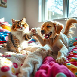 A playful and vibrant scene of a cat and dog playfully battling each other on a plush bed