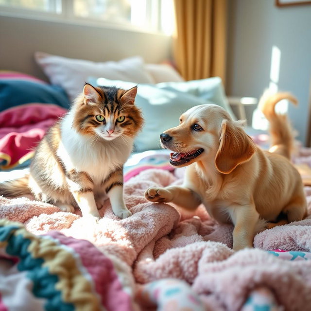 A playful and vibrant scene of a cat and dog playfully battling each other on a plush bed