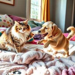 A playful and vibrant scene of a cat and dog playfully battling each other on a plush bed