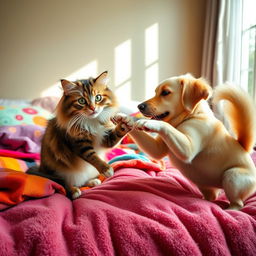 A playful and vibrant scene of a cat and dog playfully battling each other on a plush bed