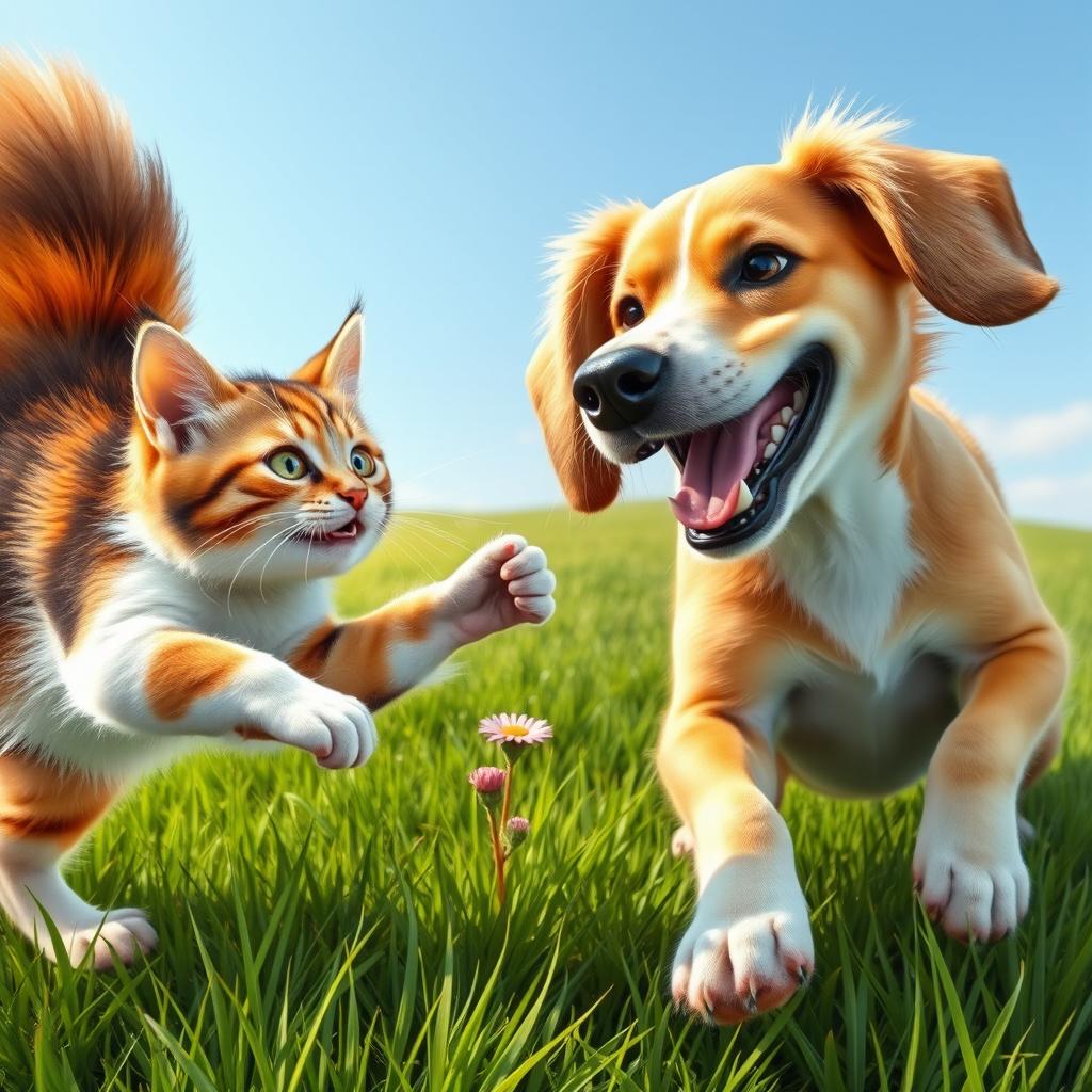 A dynamic scene depicting a cat and dog playfully fighting each other on a lush green grass field