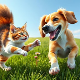 A dynamic scene depicting a cat and dog playfully fighting each other on a lush green grass field