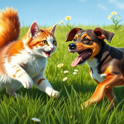 A dynamic scene depicting a cat and dog playfully fighting each other on a lush green grass field