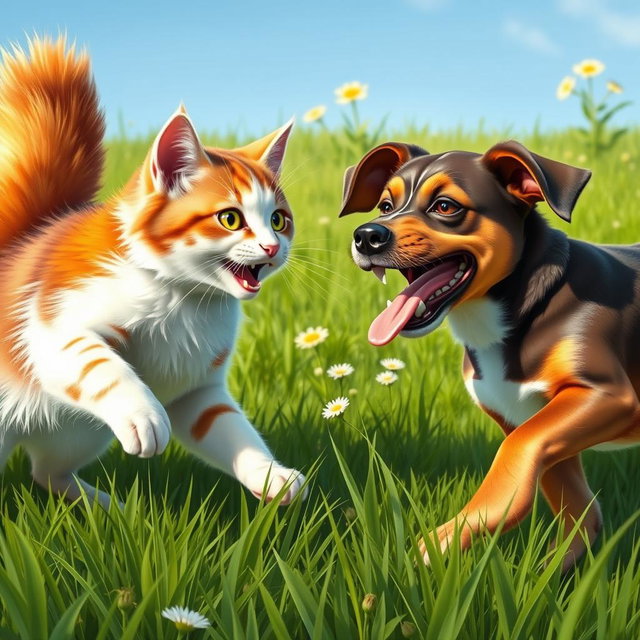 A dynamic scene depicting a cat and dog playfully fighting each other on a lush green grass field