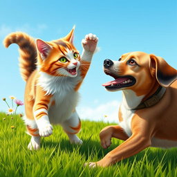 A dynamic scene depicting a cat and dog playfully fighting each other on a lush green grass field