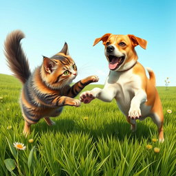 A dynamic scene depicting a cat and dog playfully fighting each other on a lush green grass field