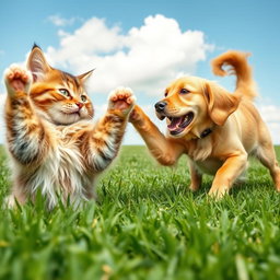 A dynamic scene of a cat and dog playfully fighting each other on lush green grass