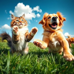 A dynamic scene of a cat and dog playfully fighting each other on lush green grass