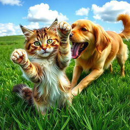 A dynamic scene of a cat and dog playfully fighting each other on lush green grass
