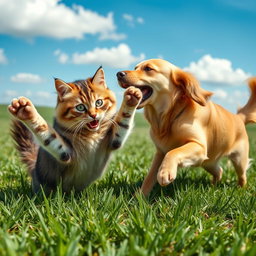 A dynamic scene of a cat and dog playfully fighting each other on lush green grass