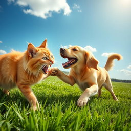 A dynamic scene of a cat and a dog playfully fighting each other on lush green grass