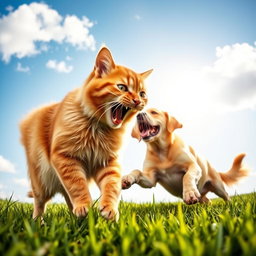 A dynamic scene of a cat and a dog playfully fighting each other on lush green grass