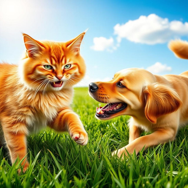 A dynamic scene of a cat and a dog playfully fighting each other on lush green grass