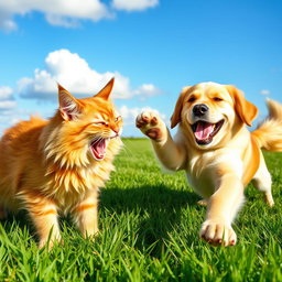 A dynamic scene of a cat and a dog playfully fighting each other on lush green grass