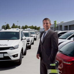 A man standing amidst a variety of vehicles in a car rental company's lot, with a professional attire and a welcoming smile.