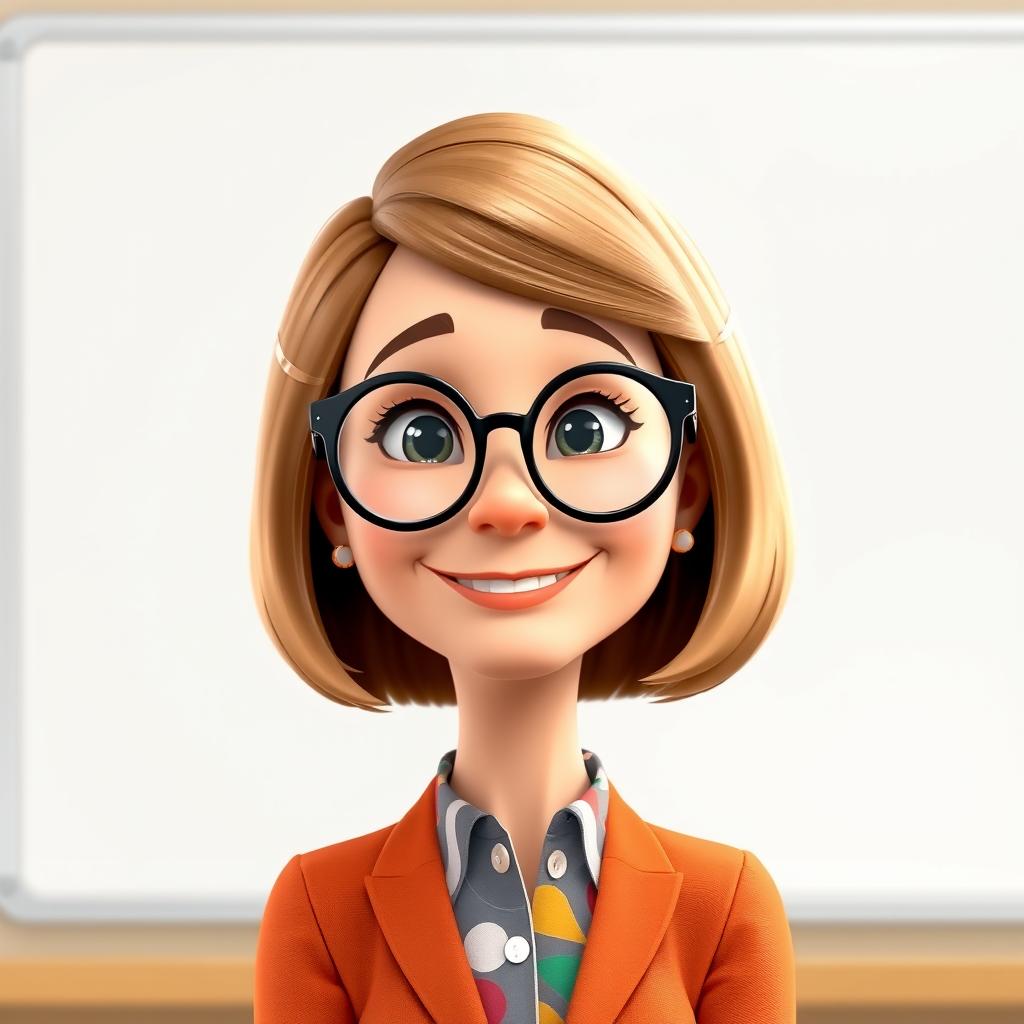 A Disney Pixar-style character of a pretty 50-year-old female teacher with a bob haircut and light brown hair, wearing round black-framed glasses