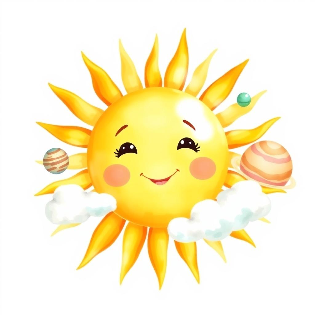 A cute watercolor depiction of the sun in the solar system, radiating warmth and cheer