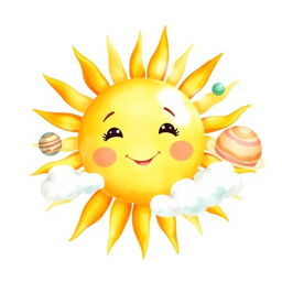 A cute watercolor depiction of the sun in the solar system, radiating warmth and cheer